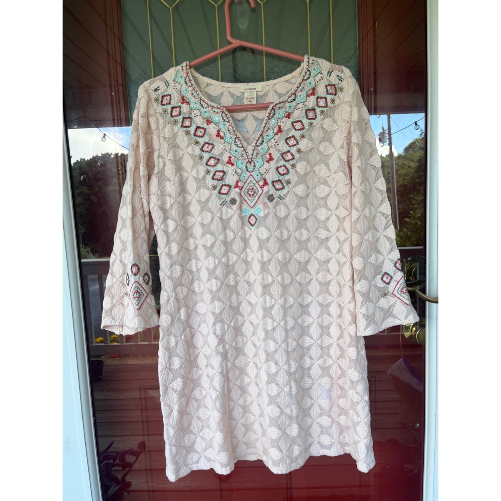 Sundance Pink Lace Beaded Embroidered Boho Tunic Dress Small b3